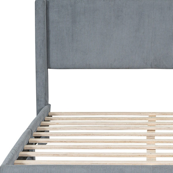 HomeRoots Gray Tufted Corduroy Queen Bed Frame – Stylish Comfort, Supportive Slats & Luxe Design for Sleep Bliss 596530