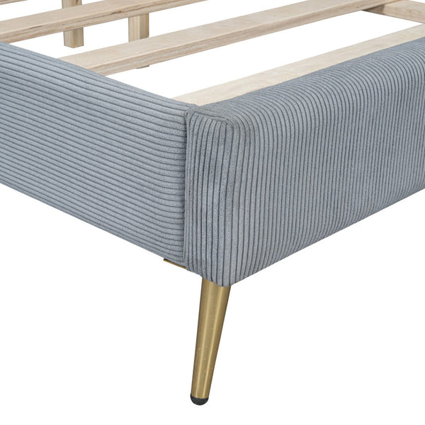 HomeRoots Gray Tufted Corduroy Queen Bed Frame – Stylish Comfort, Supportive Slats & Luxe Design for Sleep Bliss 596530