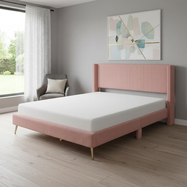 HomeRoots Pink Tufted Corduroy Queen Bed Frame - Cozy, Stylish Upholstered Design for Modern Bedrooms 596531