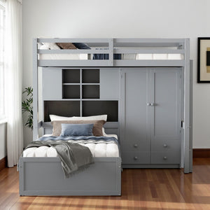 HomeRoots Gray Twin Over Twin Wood Bunk Bed with Storage Drawers & Safety Features for Kids’ Rooms 596537