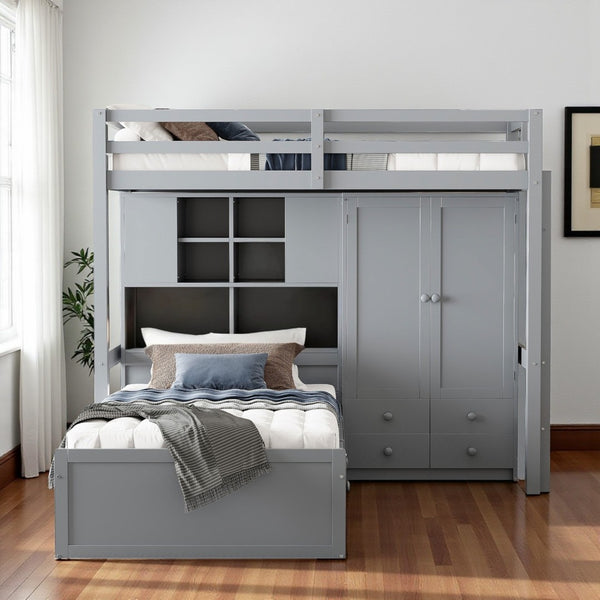 HomeRoots Gray Twin Over Twin Wood Bunk Bed with Storage Drawers & Safety Features for Kids’ Rooms 596537