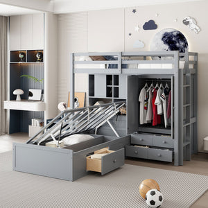 HomeRoots Gray Twin Over Twin Wood Bunk Bed with Storage Drawers & Safety Features for Kids’ Rooms 596537