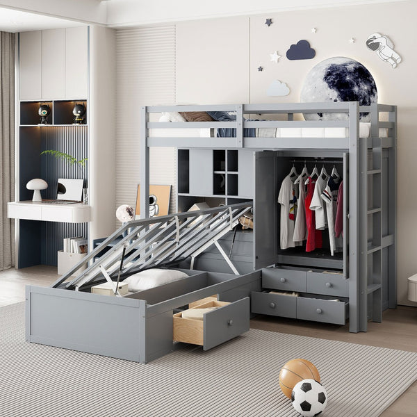 HomeRoots Gray Twin Over Twin Wood Bunk Bed with Storage Drawers & Safety Features for Kids’ Rooms 596537
