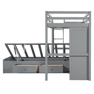HomeRoots Gray Twin Over Twin Wood Bunk Bed with Storage Drawers & Safety Features for Kids’ Rooms 596537