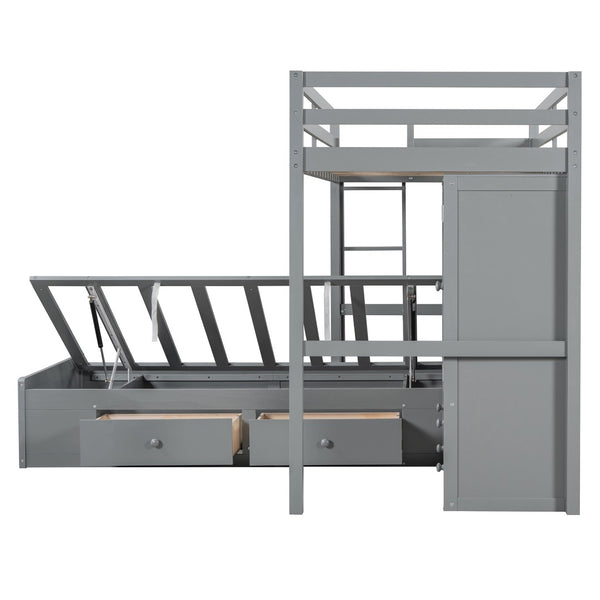 HomeRoots Gray Twin Over Twin Wood Bunk Bed with Storage Drawers & Safety Features for Kids’ Rooms 596537