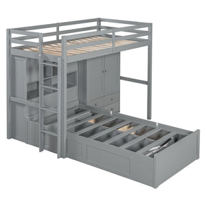 HomeRoots Gray Twin Over Twin Wood Bunk Bed with Storage Drawers & Safety Features for Kids’ Rooms 596537
