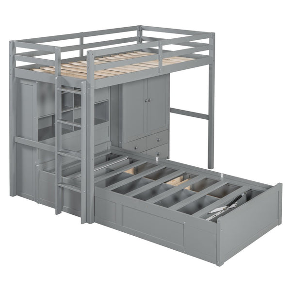HomeRoots Gray Twin Over Twin Wood Bunk Bed with Storage Drawers & Safety Features for Kids’ Rooms 596537