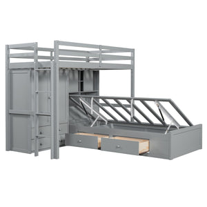 HomeRoots Gray Twin Over Twin Wood Bunk Bed with Storage Drawers & Safety Features for Kids’ Rooms 596537