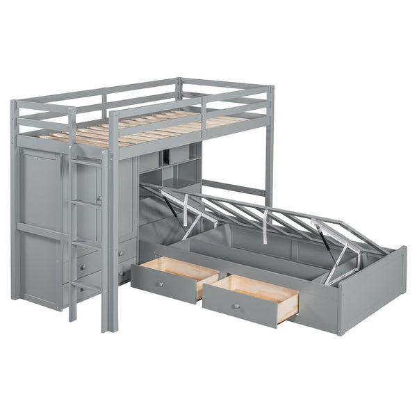 HomeRoots Gray Twin Over Twin Wood Bunk Bed with Storage Drawers & Safety Features for Kids’ Rooms 596537