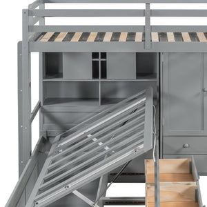 HomeRoots Gray Twin Over Twin Wood Bunk Bed with Storage Drawers & Safety Features for Kids’ Rooms 596537