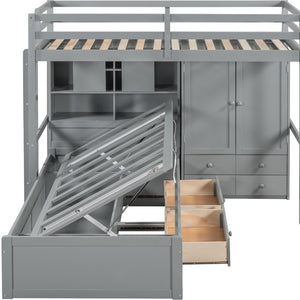 HomeRoots Gray Twin Over Twin Wood Bunk Bed with Storage Drawers & Safety Features for Kids’ Rooms 596537