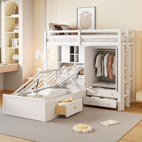 HomeRoots White Twin Over Twin Bunk Bed with Storage Drawers - Stylish Space-Saving Solution for Any Room 596538