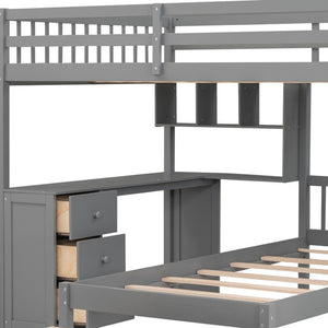 HomeRoots Gray Full Over Twin Wood Bunk Bed with Stairs, Desk, Drawers & Storage for Organized Kids' Rooms 596539