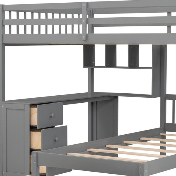 HomeRoots Gray Full Over Twin Wood Bunk Bed with Stairs, Desk, Drawers & Storage for Organized Kids' Rooms 596539