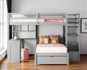 HomeRoots Gray Full Over Twin Wood Bunk Bed with Stairs, Desk, Drawers & Storage for Organized Kids' Rooms 596539