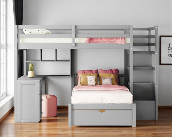 HomeRoots Gray Full Over Twin Wood Bunk Bed with Stairs, Desk, Drawers & Storage for Organized Kids' Rooms 596539