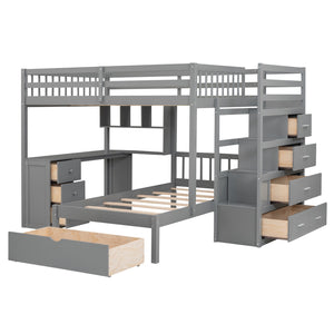 HomeRoots Gray Full Over Twin Wood Bunk Bed with Stairs, Desk, Drawers & Storage for Organized Kids' Rooms 596539