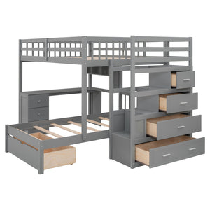 HomeRoots Gray Full Over Twin Wood Bunk Bed with Stairs, Desk, Drawers & Storage for Organized Kids' Rooms 596539