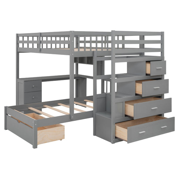 HomeRoots Gray Full Over Twin Wood Bunk Bed with Stairs, Desk, Drawers & Storage for Organized Kids' Rooms 596539
