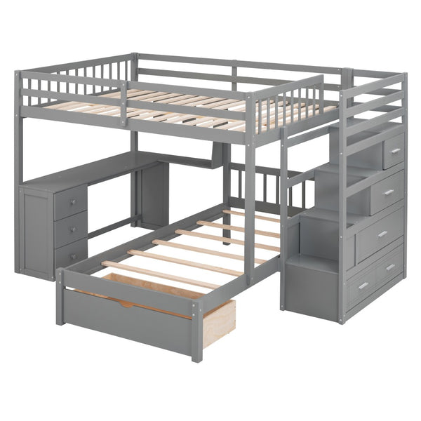 HomeRoots Gray Full Over Twin Wood Bunk Bed with Stairs, Desk, Drawers & Storage for Organized Kids' Rooms 596539
