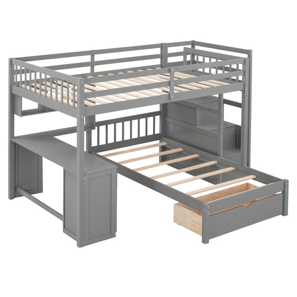 HomeRoots Gray Full Over Twin Wood Bunk Bed with Stairs, Desk, Drawers & Storage for Organized Kids' Rooms 596539