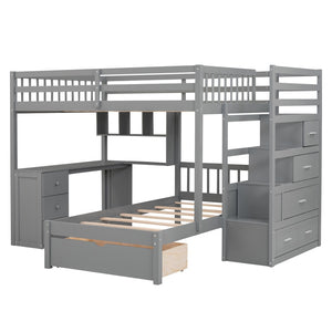 HomeRoots Gray Full Over Twin Wood Bunk Bed with Stairs, Desk, Drawers & Storage for Organized Kids' Rooms 596539
