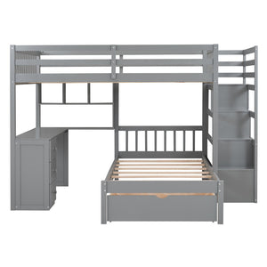 HomeRoots Gray Full Over Twin Wood Bunk Bed with Stairs, Desk, Drawers & Storage for Organized Kids' Rooms 596539