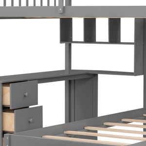 HomeRoots Gray Full Over Twin Wood Bunk Bed with Stairs, Desk, Drawers & Storage for Organized Kids' Rooms 596539