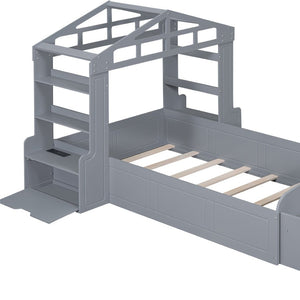 HomeRoots Gray Wood Twin House Bed with USB Charging, Modern Playful Design & Durable Support for Kids 596540