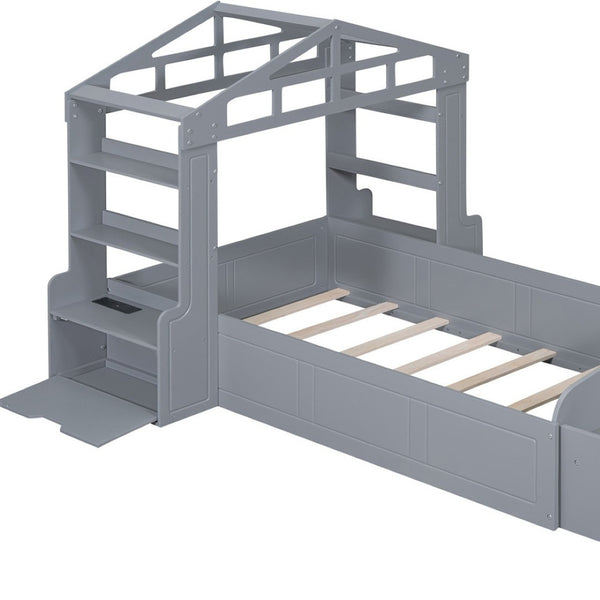 HomeRoots Gray Wood Twin House Bed with USB Charging, Modern Playful Design & Durable Support for Kids 596540