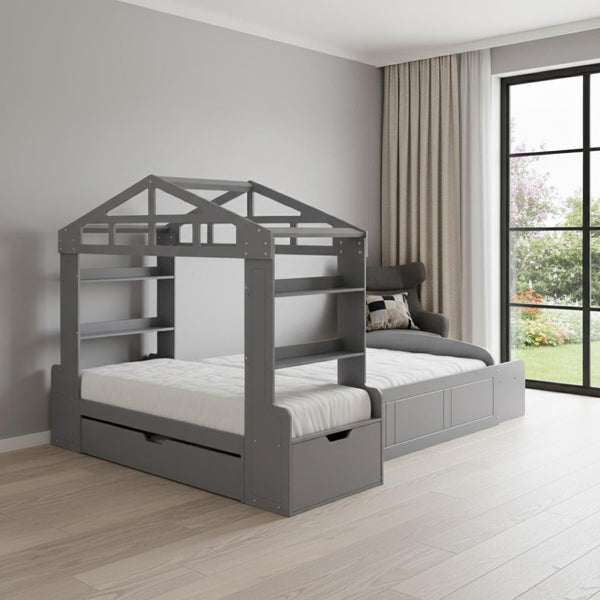 HomeRoots Gray Wood Twin House Bed with USB Charging, Modern Playful Design & Durable Support for Kids 596540