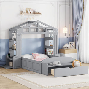 HomeRoots Gray Wood Twin House Bed with USB Charging, Modern Playful Design & Durable Support for Kids 596540