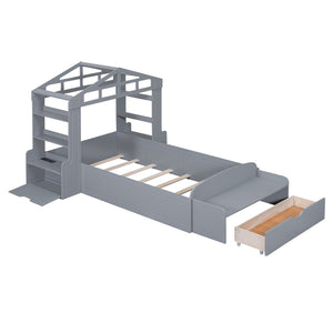 HomeRoots Gray Wood Twin House Bed with USB Charging, Modern Playful Design & Durable Support for Kids 596540