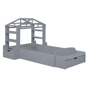 HomeRoots Gray Wood Twin House Bed with USB Charging, Modern Playful Design & Durable Support for Kids 596540