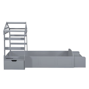 HomeRoots Gray Wood Twin House Bed with USB Charging, Modern Playful Design & Durable Support for Kids 596540