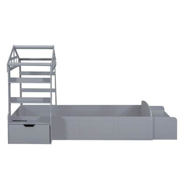 HomeRoots Gray Wood Twin House Bed with USB Charging, Modern Playful Design & Durable Support for Kids 596540