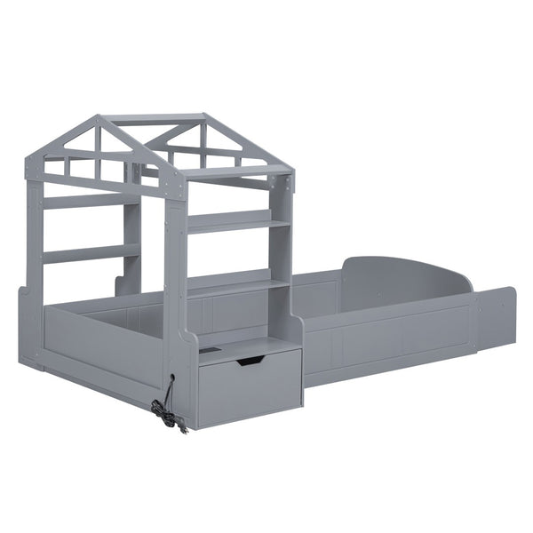 HomeRoots Gray Wood Twin House Bed with USB Charging, Modern Playful Design & Durable Support for Kids 596540