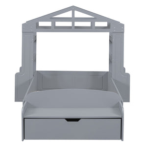 HomeRoots Gray Wood Twin House Bed with USB Charging, Modern Playful Design & Durable Support for Kids 596540