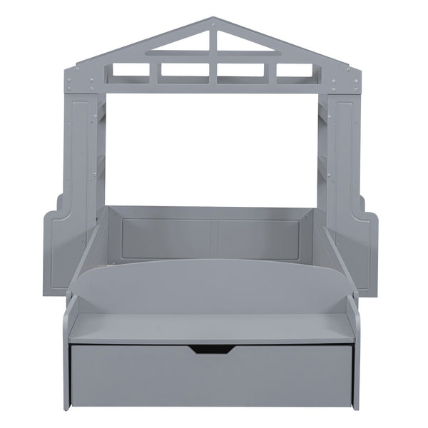 HomeRoots Gray Wood Twin House Bed with USB Charging, Modern Playful Design & Durable Support for Kids 596540
