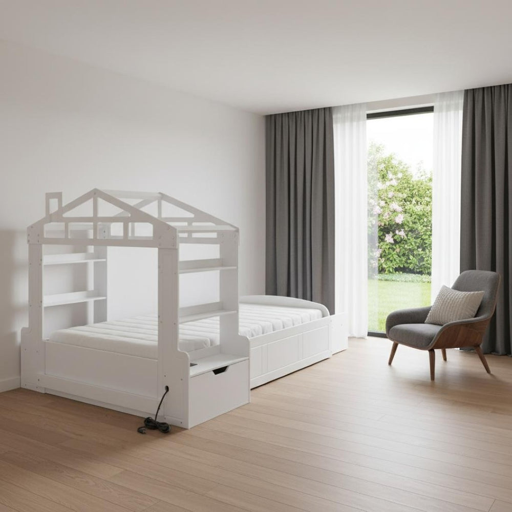 HomeRoots White Wood Twin House Bed with USB Charging, Cozy Design and Durable Support for Kids’ Bedrooms 596541