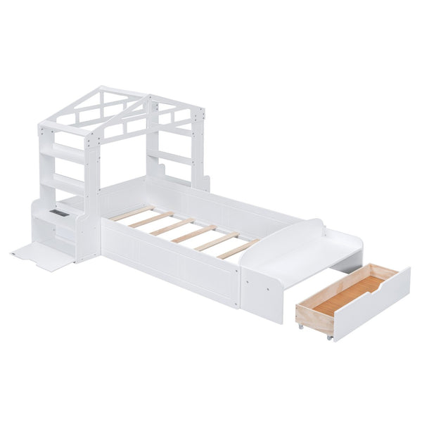HomeRoots White Wood Twin House Bed with USB Charging, Cozy Design and Durable Support for Kids’ Bedrooms 596541