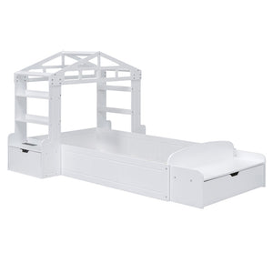 HomeRoots White Wood Twin House Bed with USB Charging, Cozy Design and Durable Support for Kids’ Bedrooms 596541