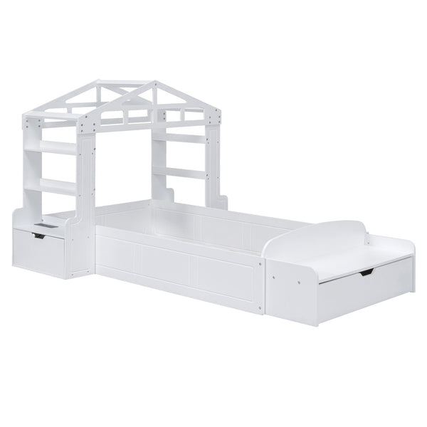 HomeRoots White Wood Twin House Bed with USB Charging, Cozy Design and Durable Support for Kids’ Bedrooms 596541
