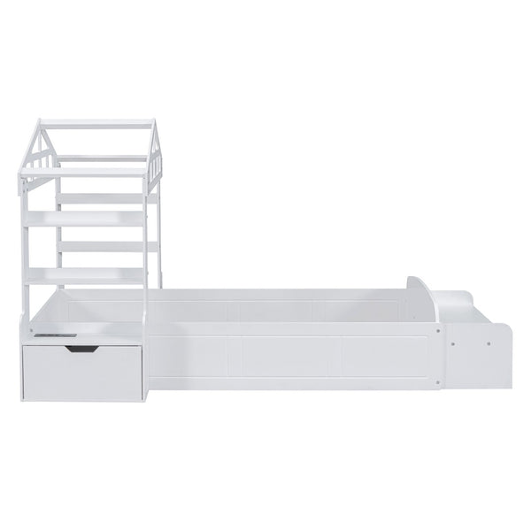 HomeRoots White Wood Twin House Bed with USB Charging, Cozy Design and Durable Support for Kids’ Bedrooms 596541