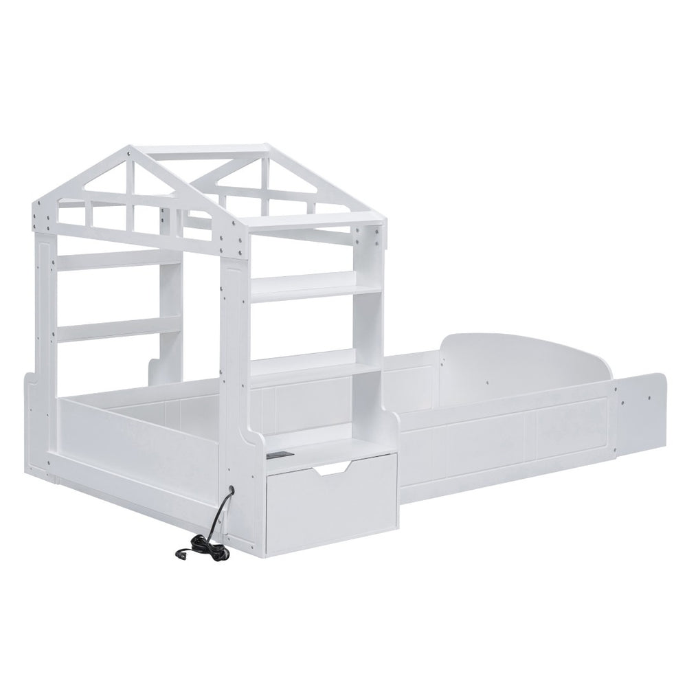 HomeRoots White Wood Twin House Bed with USB Charging, Cozy Design and Durable Support for Kids’ Bedrooms 596541