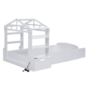 HomeRoots White Wood Twin House Bed with USB Charging, Cozy Design and Durable Support for Kids’ Bedrooms 596541