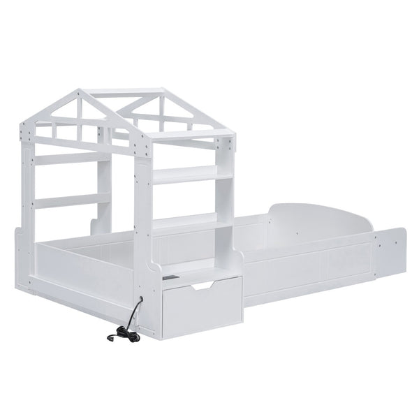 HomeRoots White Wood Twin House Bed with USB Charging, Cozy Design and Durable Support for Kids’ Bedrooms 596541