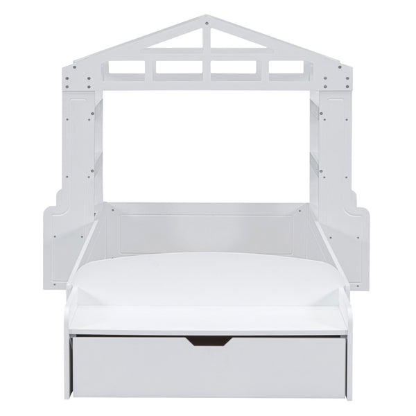 HomeRoots White Wood Twin House Bed with USB Charging, Cozy Design and Durable Support for Kids’ Bedrooms 596541