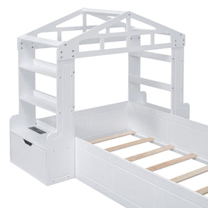 HomeRoots White Wood Twin House Bed with USB Charging, Cozy Design and Durable Support for Kids’ Bedrooms 596541