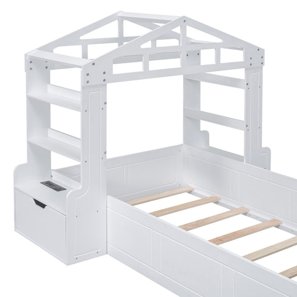 HomeRoots White Wood Twin House Bed with USB Charging, Cozy Design and Durable Support for Kids’ Bedrooms 596541